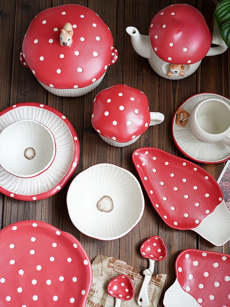 Cute Red Mushroom Ceramic Tableware Coffee Cup Afternoon Tea Set Set Creative Cartoon Dim Sum Plate Rice Bowl Salad Bowl