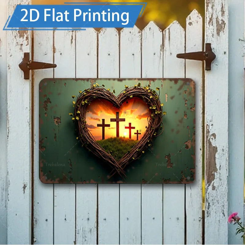 [2D FLAT] 1pc Metal Sign, 8x12inch Rustic Heart Cross Sunset Metal Wall Art 2D Flat Print Decor for Home Garden