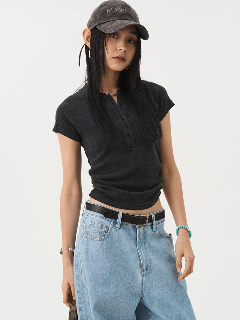 

Waed ort Sve Henry Collar T-irt Women's Vintage Faded Cotton Polyester Blend Slim Fit Casual Top for Commuting And S...