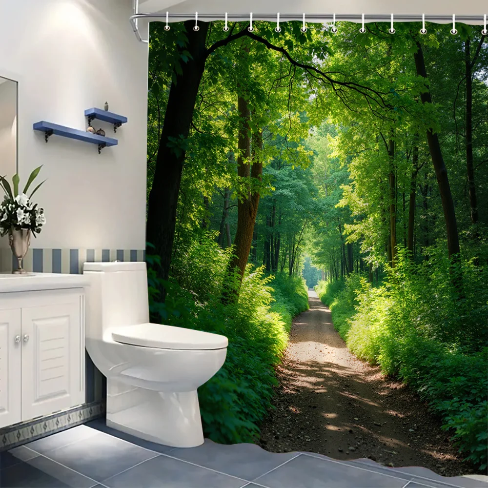 1pc Shower Curtain - Serene Forest Path with Lush Greenery and Dappled Sunlight, Perfect for Bathroom Decoration, Bringing