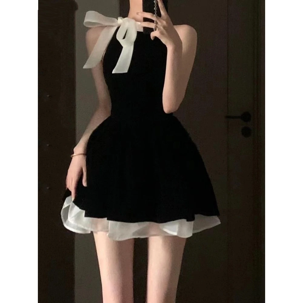 

2025 сексуальное женское платье с бантом без рукавов, тонкие лоскутные черные мини-платья, пышные элегантные винтажные женские летние модные шикарные платья