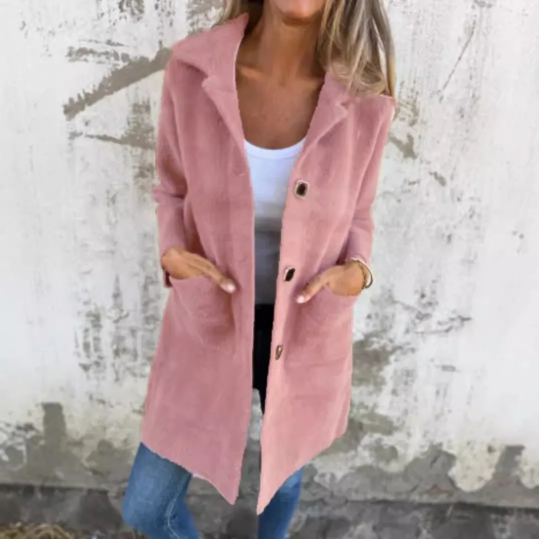 Pocket Midi Length Double Faced Coat with Notched Collar Single Breasted Lapel Collar Mid Long Length Women Autumn Coat