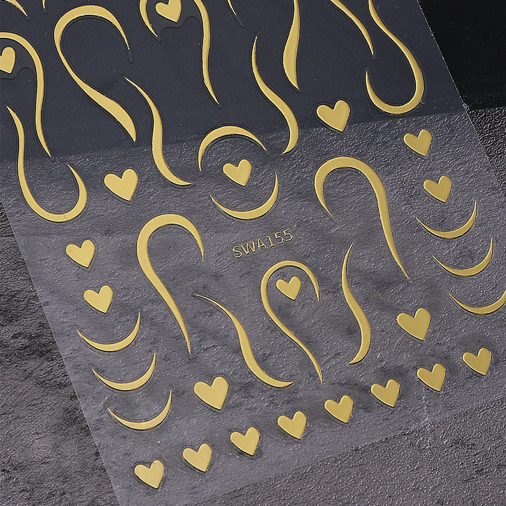 1개 3D 금색 은색 프렌치 라인 곡선 메탈릭 네일 스티커 하트 모양 접착 슬라이더 데칼 발렌타인 데이 매니큐어 장식