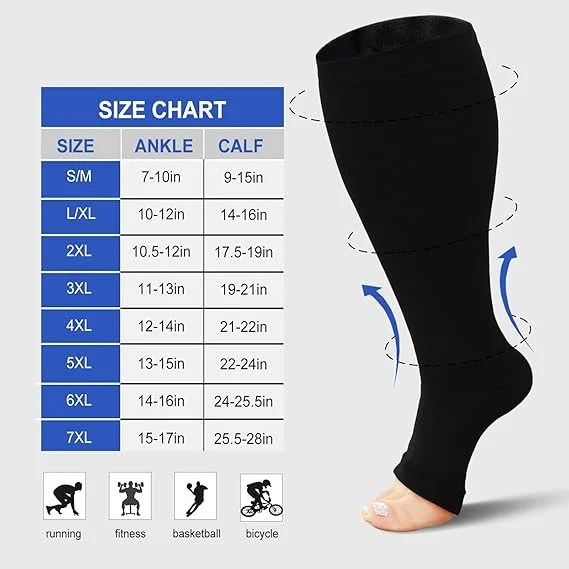 1 Pair Plus Size Compression Socks  Women Wide Calf Open Toe Graduated Medical Support Stockings Toeless Flight Pressure Socks