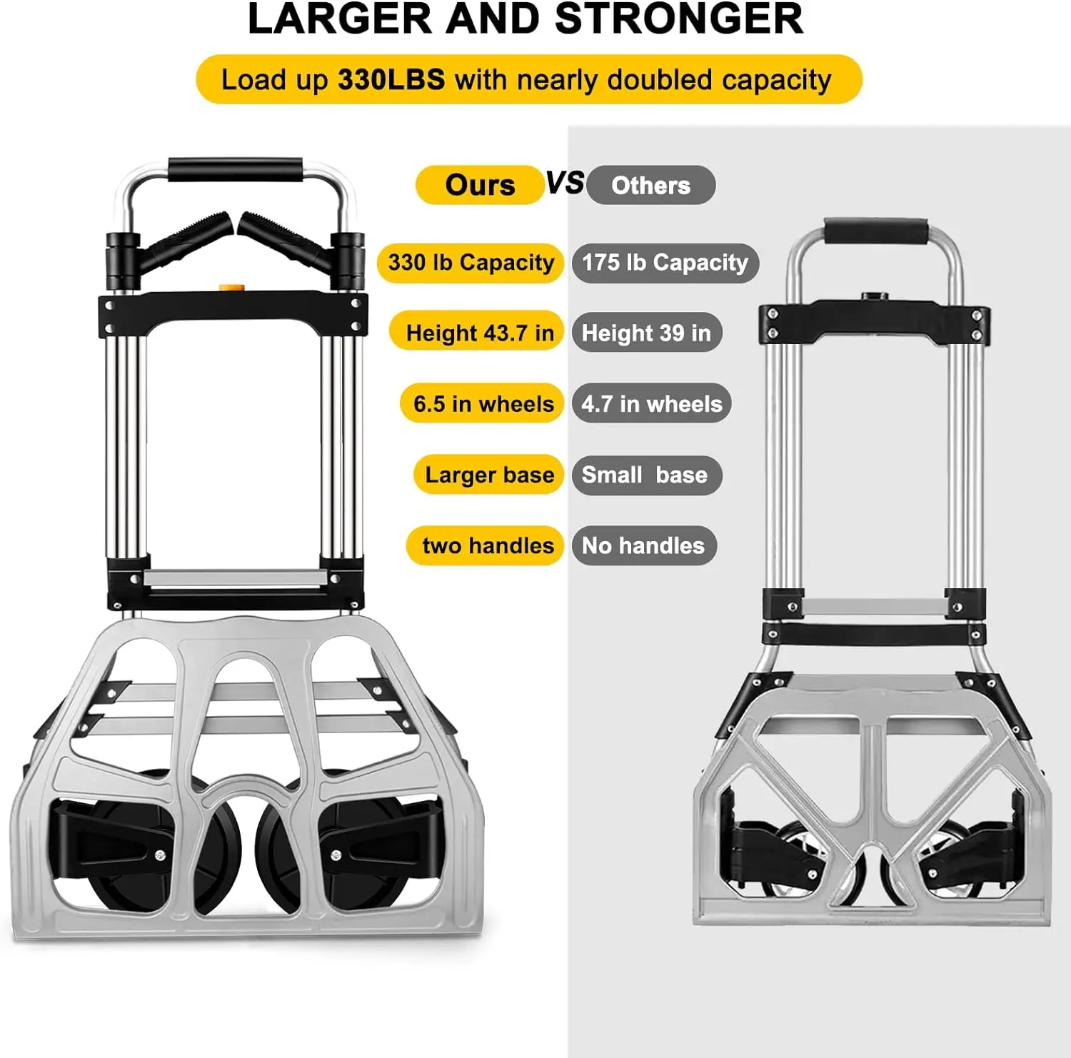 Keranjang Dolly truk tangan lipat kapasitas 330 LB, keranjang Dolly aluminium portabel dengan pegangan teleskopik dan roda karet