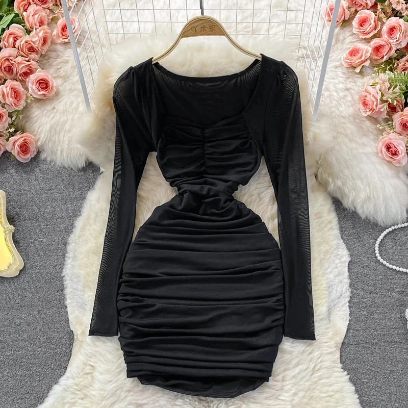 Spring New Sexy Draped Mesh Bodycon Dress Women Elegant Square Collar Robe Long Sleeve High Waist Club Party Vestidos 2025