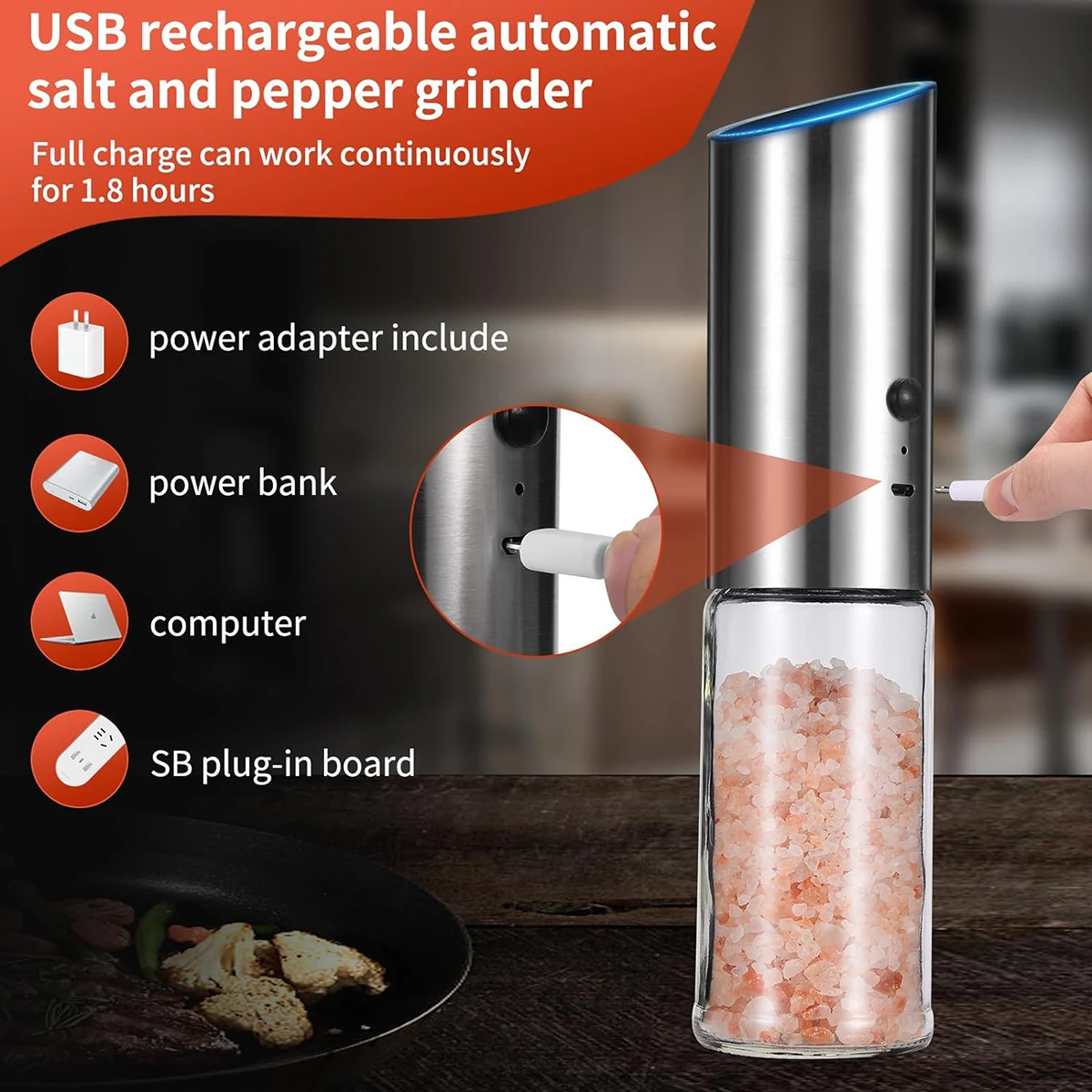 Gravity Electric Salt and Pepper Mill,USB Rechargeable Kitchen Electric Pepper Mill with Adjustable Grinder and LED Light,High G