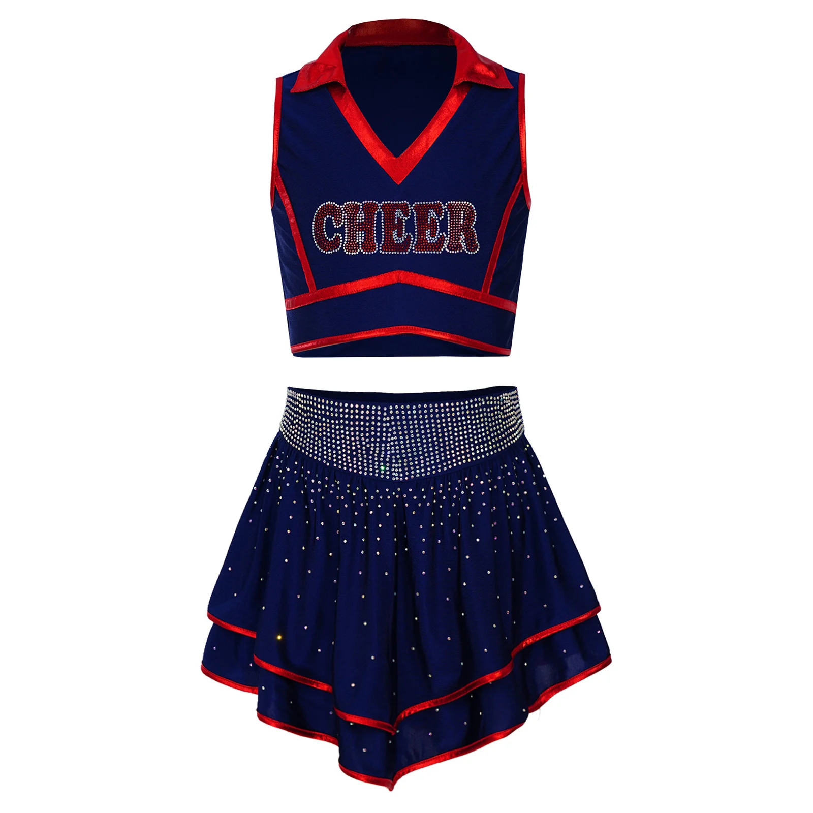 Cheerleader-Kostüm für Mädchen mit Metallic-Besatz, Strass-Cheerleading-Uniform, ärmelloses Crop-Top mit V-Ausschnitt und Rüschenrock – Detail 12