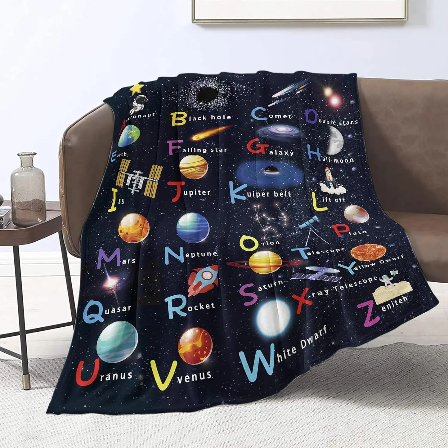 

Kids Outer Space Astronaut Blanket, ABC Planet Blanket, Spaceship Rocket Blanket, Solar System Gift, Soft Flannel Blanket