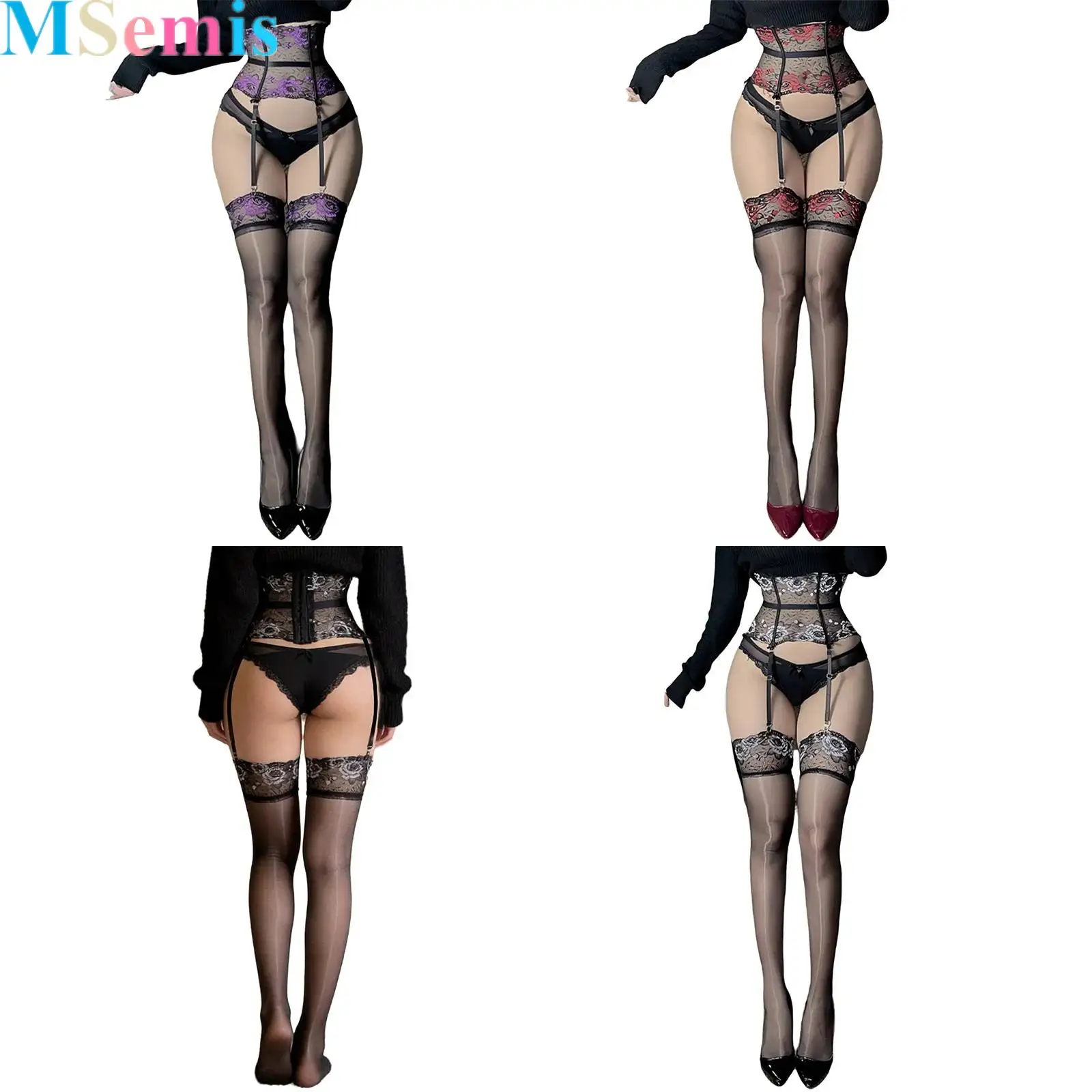 Women Adjustable Floral Lace Fishbone Corset with Three Row Hook-and-eye Closure And Garters Thigh High Stockings
