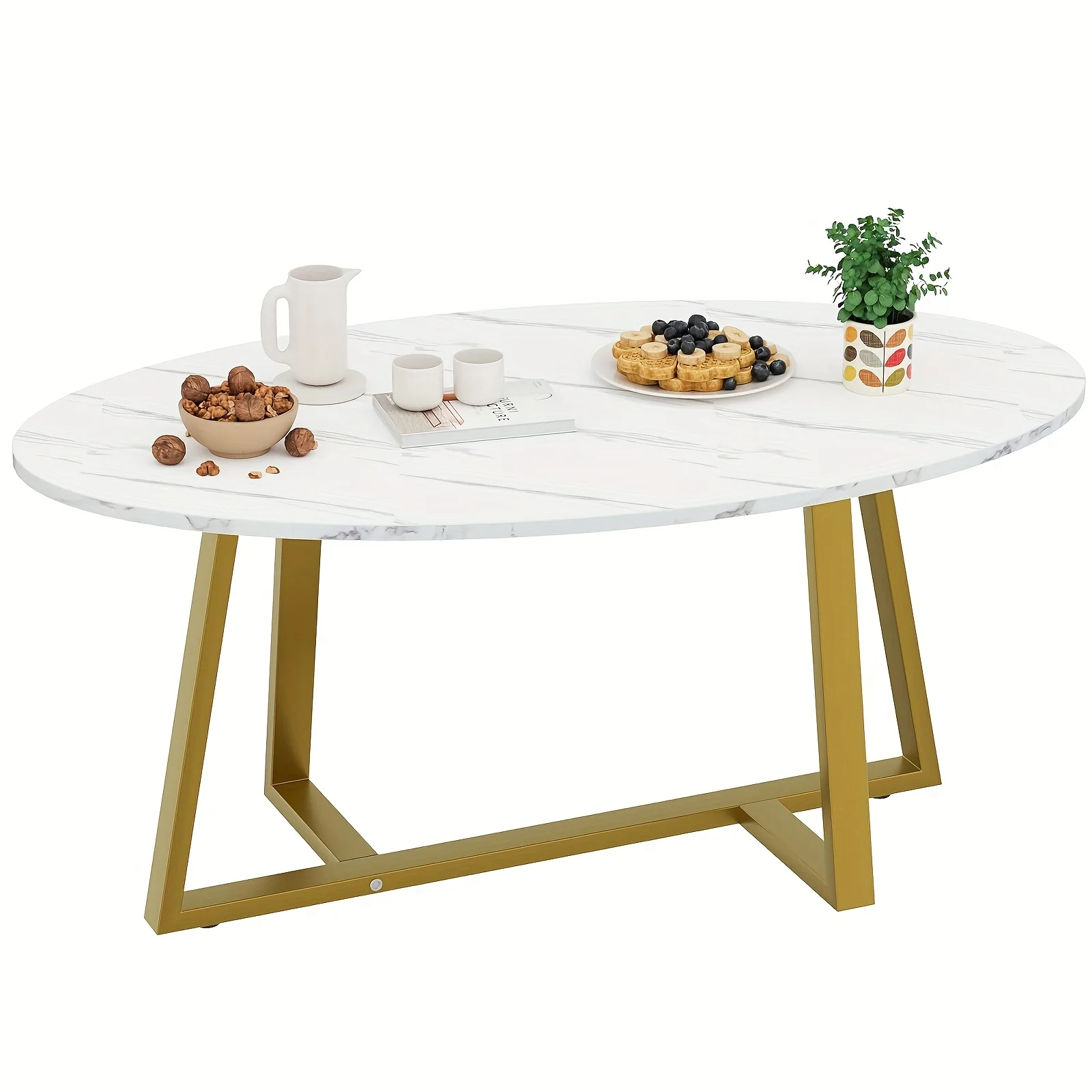 

Oval Coffee Table, White Faux Marble Living Room Table, Modern Small Space Center Coffee Table with Sturdy Metal Legs
