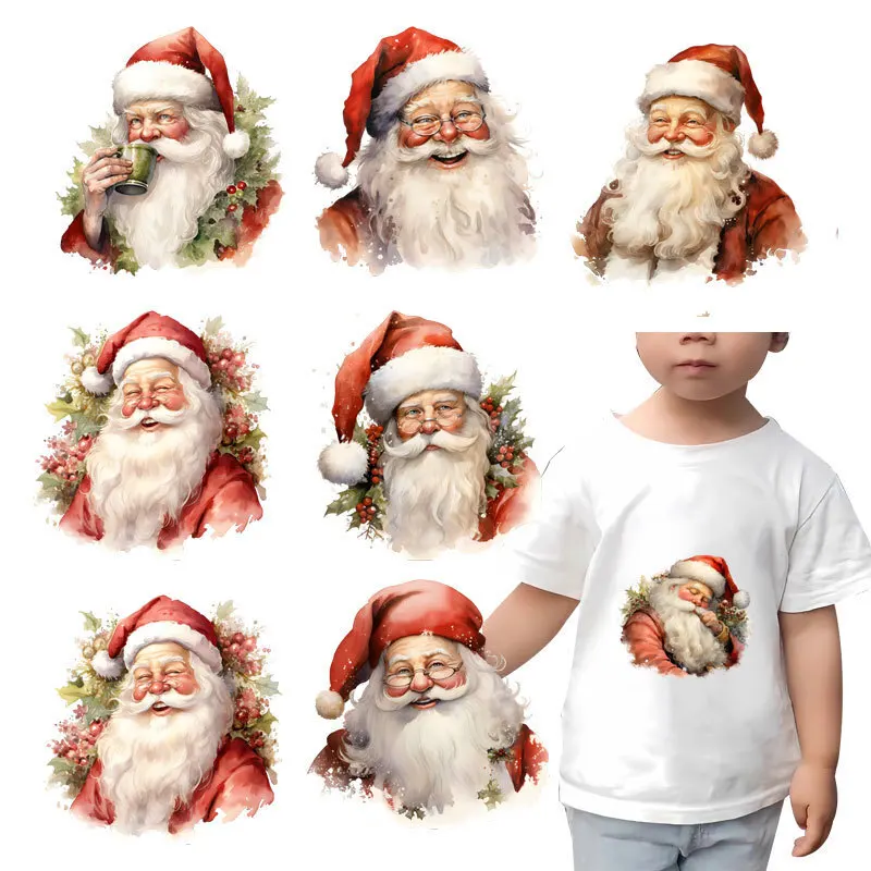 Cartoon Christmas Santa Claus Heat Transfers Patches DIY Iron-on Stickers  Print By Household Irons DTF Accessory