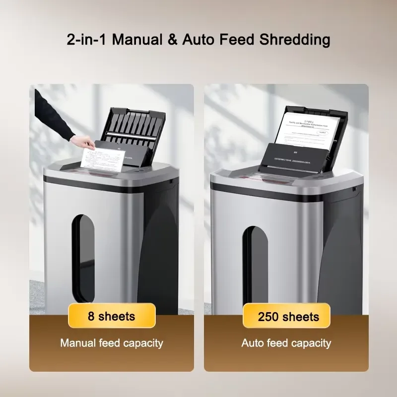 Electric Paper Shredder 250 Sheet Auto Feed Office Document Destroyer Quiet 58dB Micro Cut P5 Security Machine for Home
