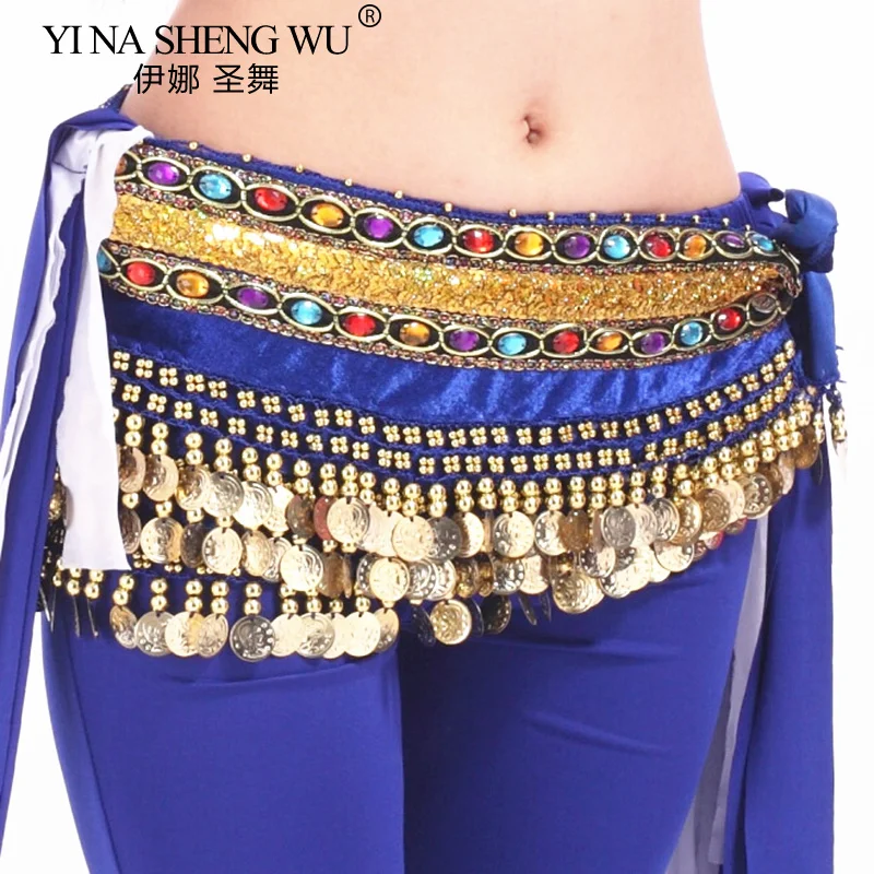 Mulheres dança do ventre cintura corrente cinto 248 moedas duplo diamante veludo hip cachecol índia/dança do ventre prática desempenho acessórios