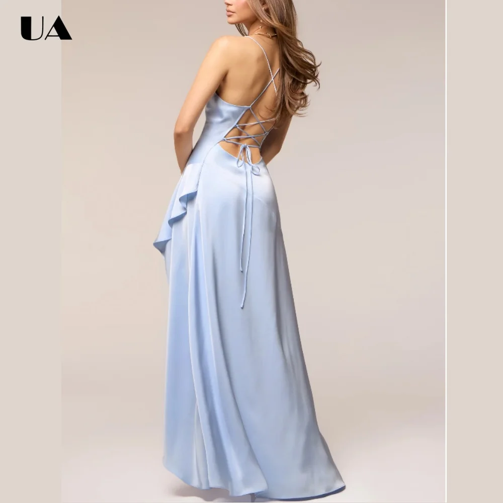 

ULBYANRY Customized Satin Asymmetrical Ruffled Prom Dresses for Women, Sexy Backless Evening Dress, Simple Sleeveless Ball Gown