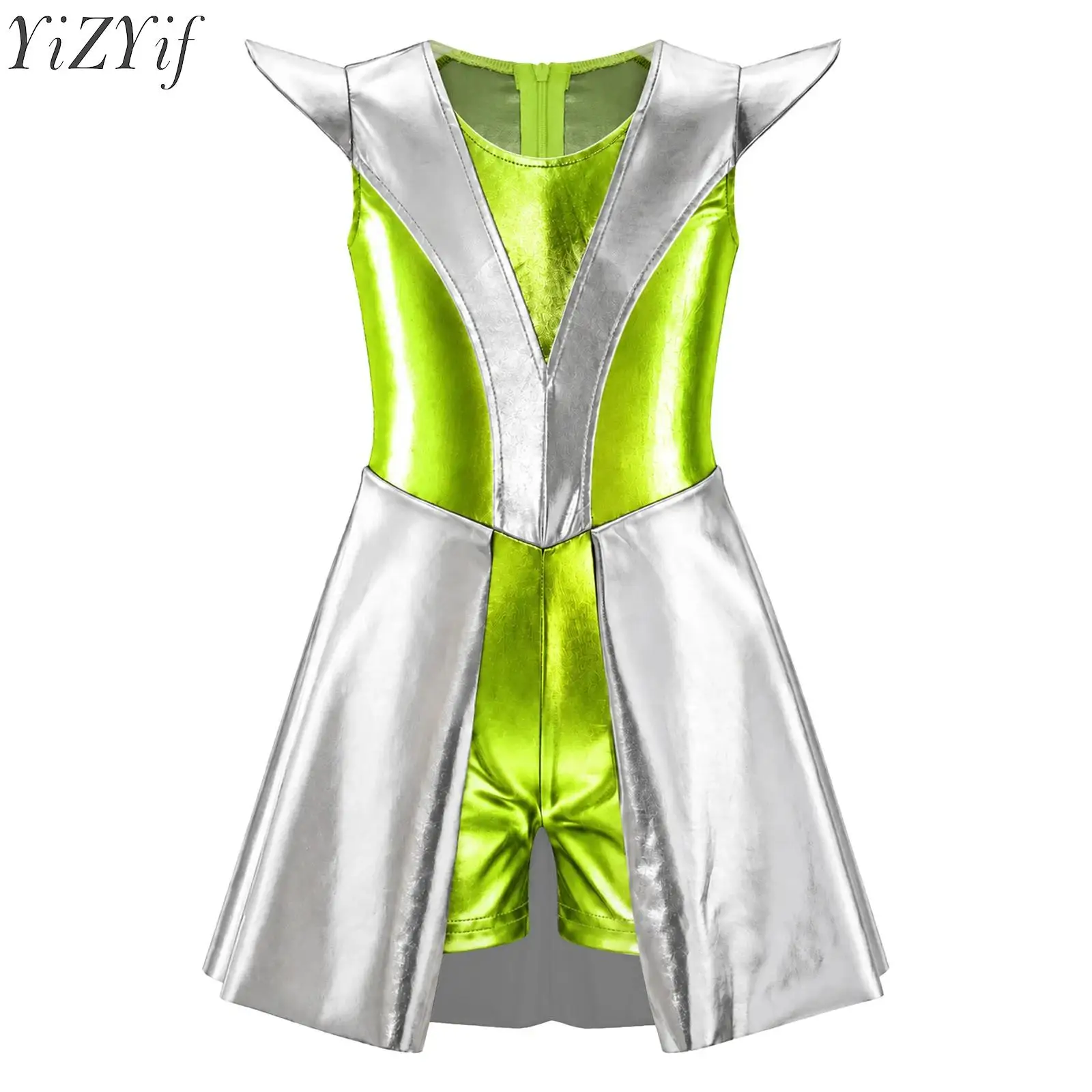 Kids Girls Alien Outer Space Costume Cap Sleeve Metallic Skirted Bodysuit for Halloween Carnival Theme Party Cosplay Dress Up