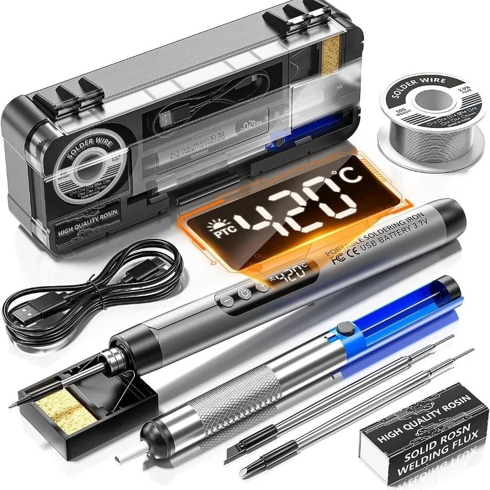 USB Rechargeable Electric Soldering Iron Set Adjustable Temperature LCD Display Cordless Soldering Pen Set Digital Display