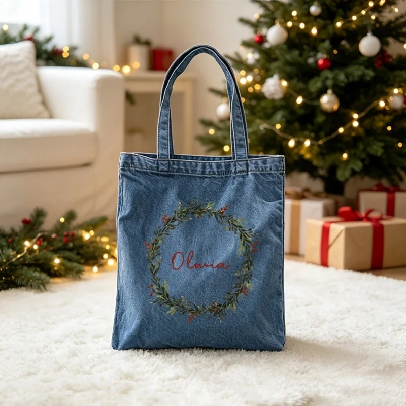 Custom Name Christmas Wreath Denim Tote Bag Personalized Name Xmas Wreath Print Shoulder Shopping Bag Reusable Shopper Gift