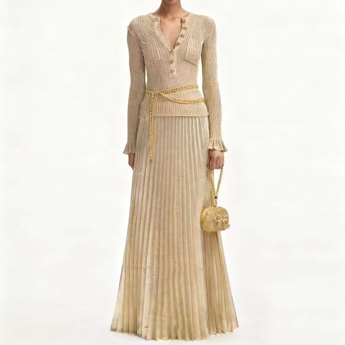 

Spring Autumn Stretch Knit Long Sleeve Slim Cardigan & Pleated Skirt Matching Women's 2-Piece Set