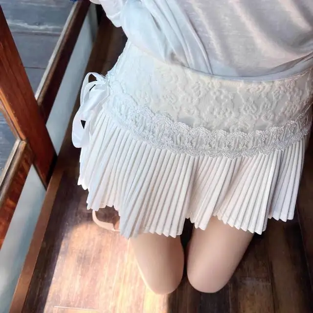 تنورة قصيرة مطوية بأشرطة من الدانتيل الحلو النقي اليابانية Y2k عالية الخصر بقصة ضيقة على شكل حرف a التنانير لوليتا Kawaii Faldas #4