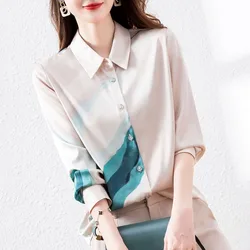 Women's Clothing Autumn Korean Fashion Print Button Shirt Office Lady Elegant Commute Lapel Blouse Casual Long Sleeve Loose Tops