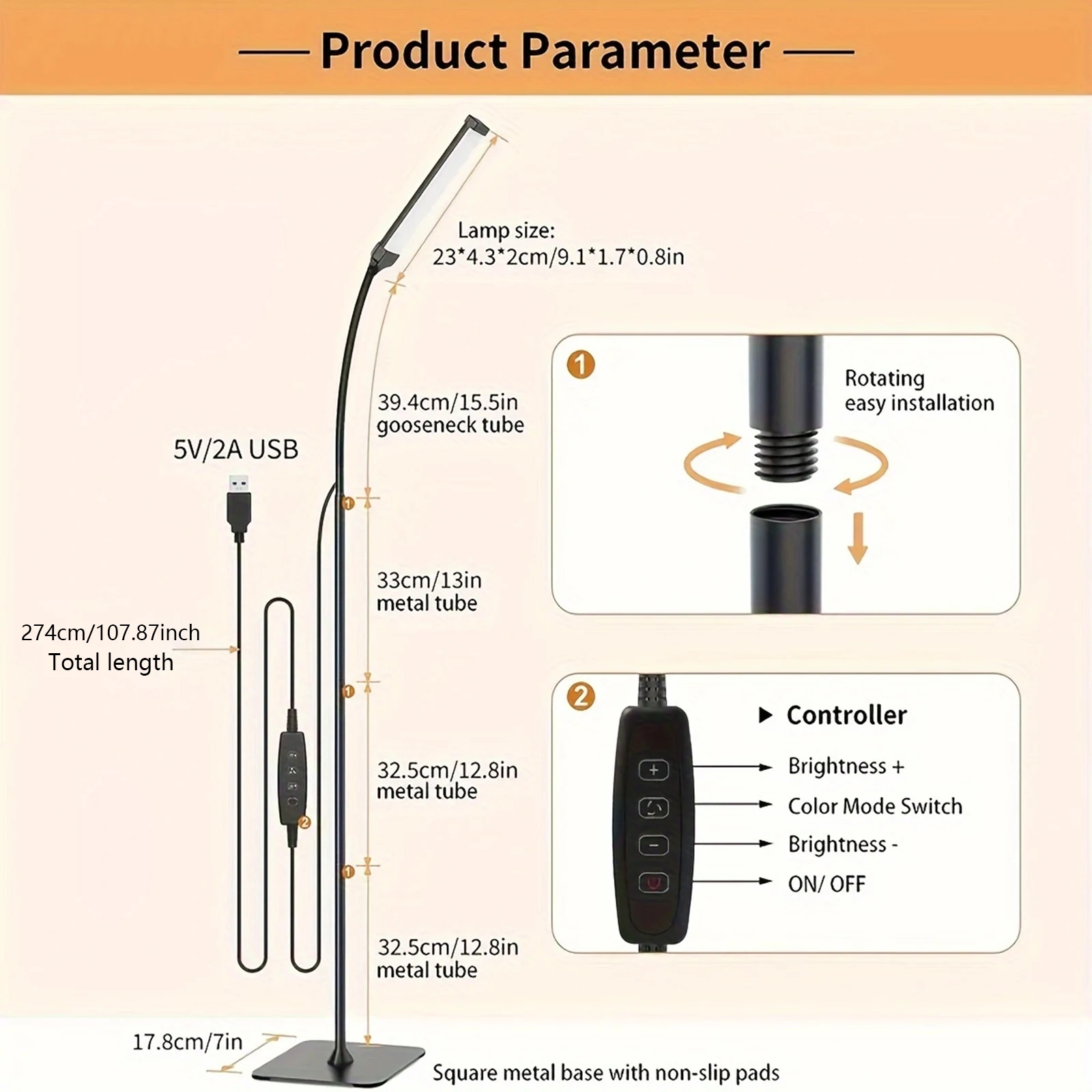Living Room LED Floor Lamp 360 Degree Adjustable Gooseneck Standing Lamp Dimmable Vertical Reading Lamp USB Plug-in Corner Lamp