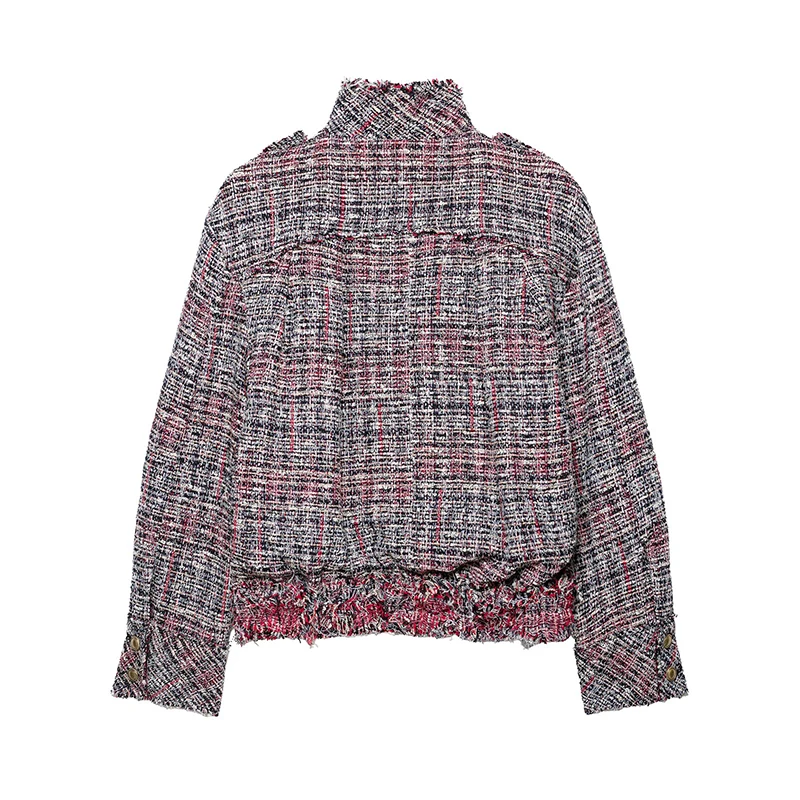 YENKYE Autumn Women Tweed Er Jacket Fringed Raw Edge Stand Collar Front Zipper Pockets Long Sleeve Cropped Coat