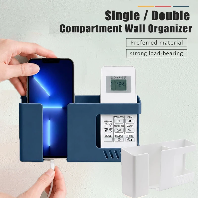 1/2pc 2 In 1 Wall Mounted Remote Control Storage Box Multifunctional Punch-free Mobile Phone Plug Holder Charging Debris Storage