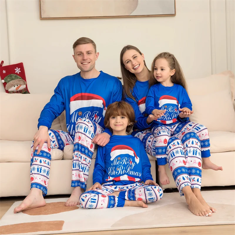 Christmas Pajamas Matching Family Sets Xmas Parent-Child Blue Suits Children Father Mother Letter Print Hats Top+Pants Outfits