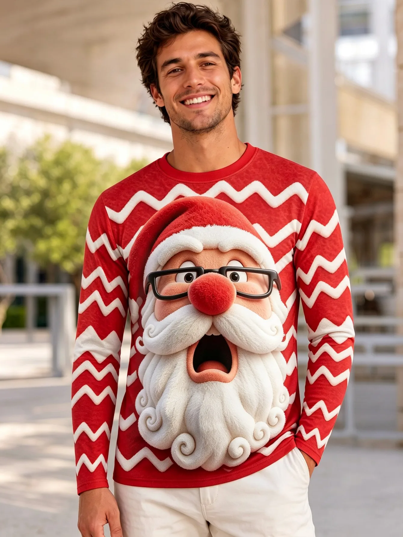 Unisex Couple Long Sleeve Ugly Christmas Tshirts 3D Print Red Wave Santa Pattern Round Neck Holiday Casual Tops Men Clothing