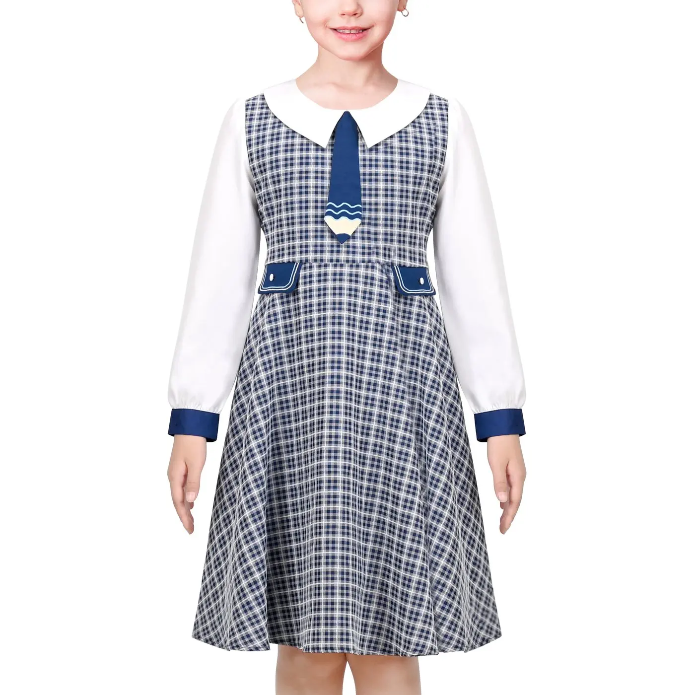 Girls Dress Blue White Pencil Tie Check Plaid School Casual Long Sleeve