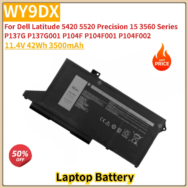 

New Laptop Battery WY9DX 11.4V 42Wh 3500mAh for Dell Precision 15 3560 Latitude 5420 5520 Series P104F P104F001 P137G P137G001