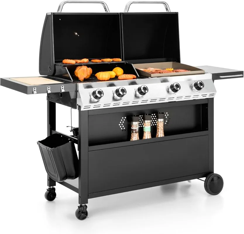 

Комбинированная сковорода для газового гриля с 5-конформовой эмалевой чавунной решеткой, разделочной доской и двойными крышками, дуэльная функция