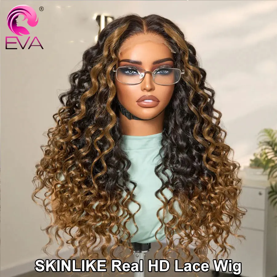 

Fluffy Brown Ombre Highlights HD Lace Frontal Wig Human Hair Water Wave Glueless 5x5 HD Lace Closure Wigs Bleached Knots Real HD