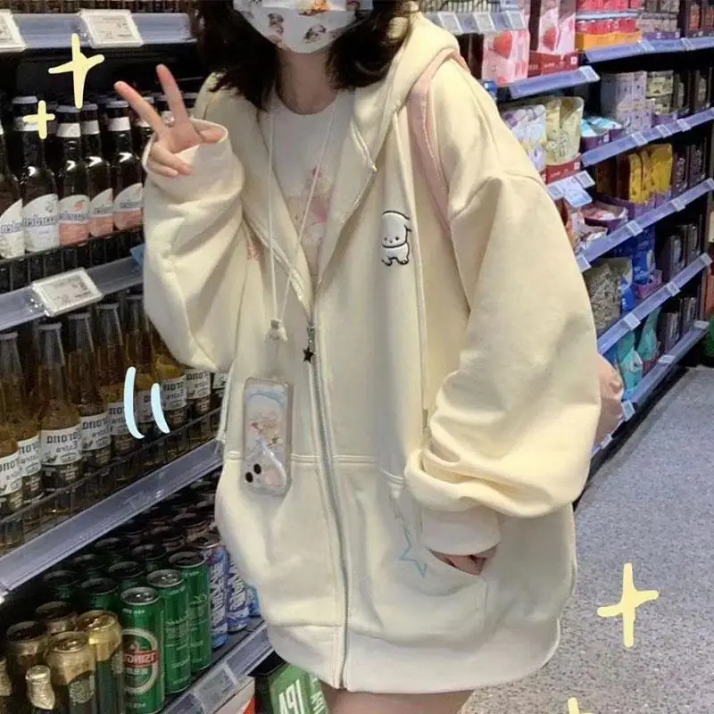 Sudadera con capucha de Anime Sanrios con cremallera Kawaii Pochacco para mujer, sudaderas japonesas Y2K de lana color Beige dulce, chaqueta con capucha de estilo coreano para niñas