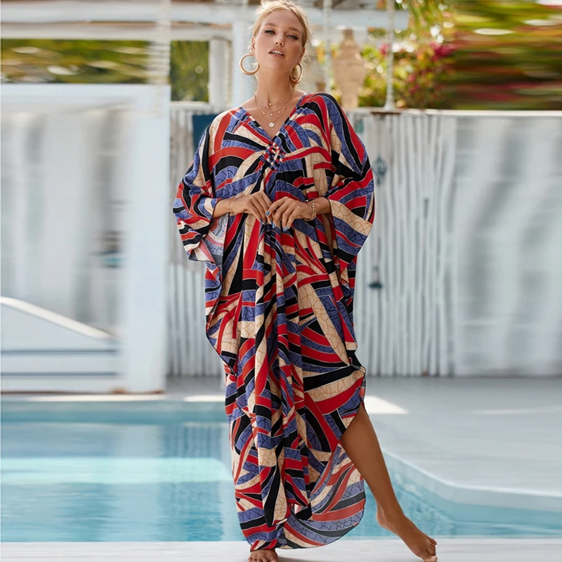 

Abstract Striped Print Maxi Dress Women Vector Color Block Design Kaftan Stuning Party Dress Seaside Beach CoverUp V-Neck Caftan