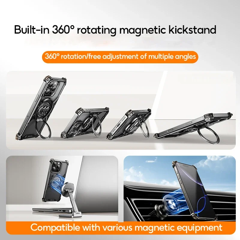 Eary for iPhone 16 Pro Max Bat Phone Case with Magsafe 360°Rotation Kickstand Metal Frameless Military Grade Shockproof Cover