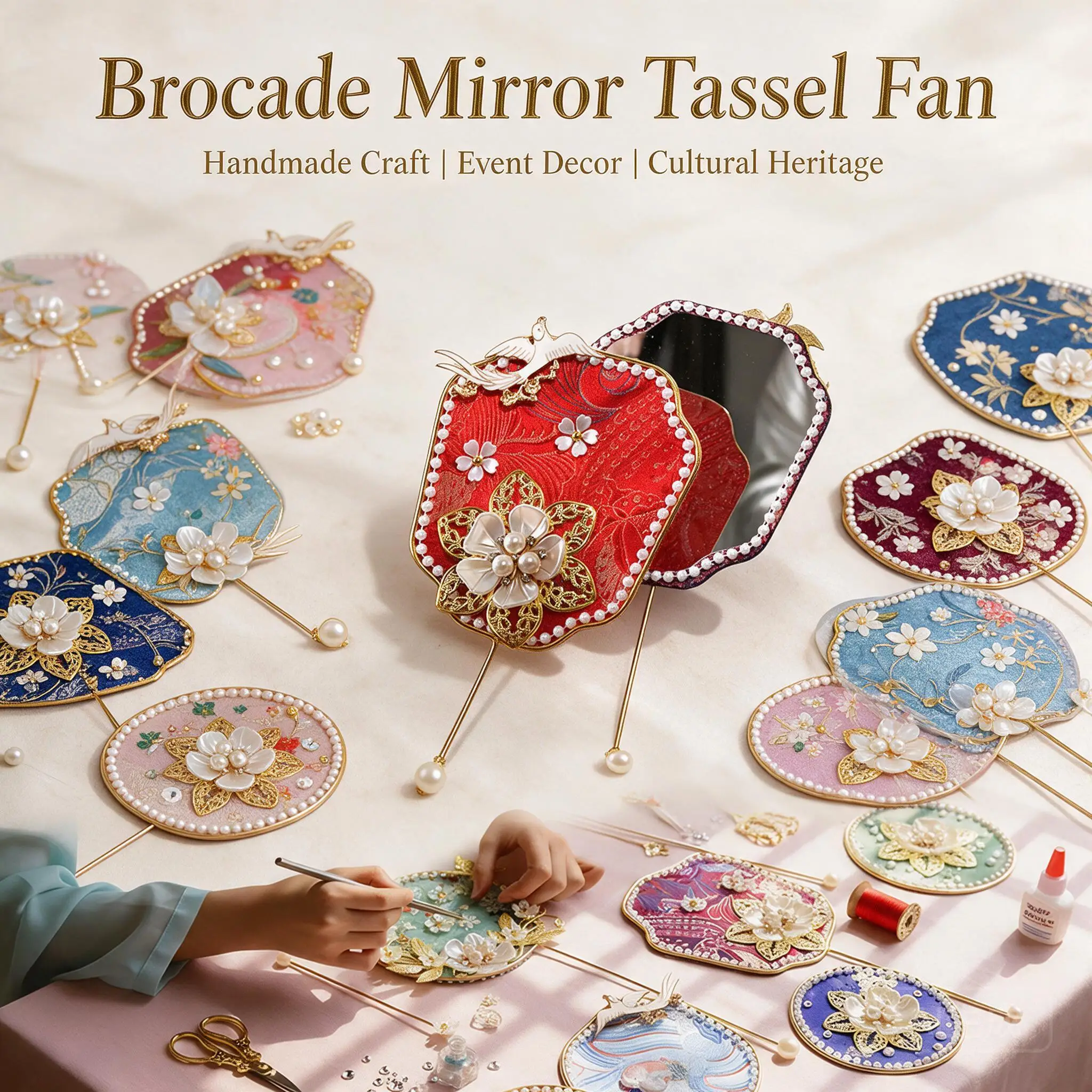 Chinese Style Brocade Mini Hand Fan With Mirror Diy Handmade Pearl Decorative Craft Kit For Wedding Party Favor Home Decor Gift