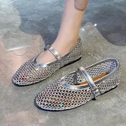 Luxury Crystal Rhinestone Fishnet Ballet Flats Woman Brand Design Rivet Mesh Mary Jane Shoes Ladies Summer Loafers Plus Size 42