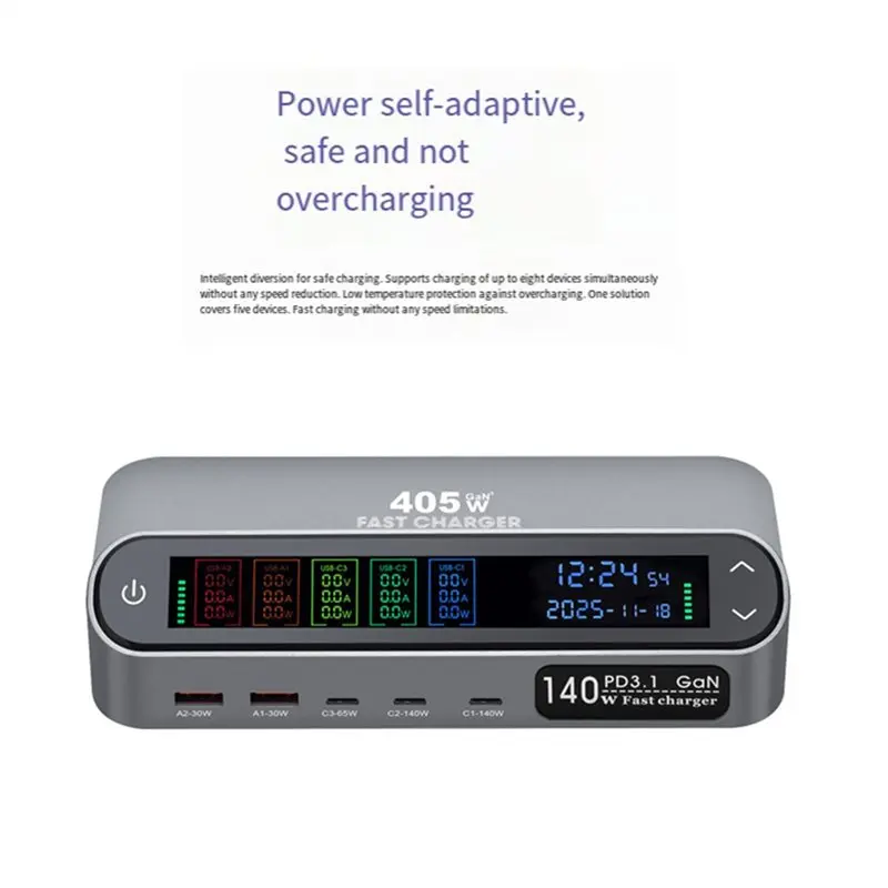 ABGI 470W GaN Desktop Station, 140W Multi-Port Fast with LCD Display Screen, EU Plug for Laptop Phone Tablet, Travel Office
