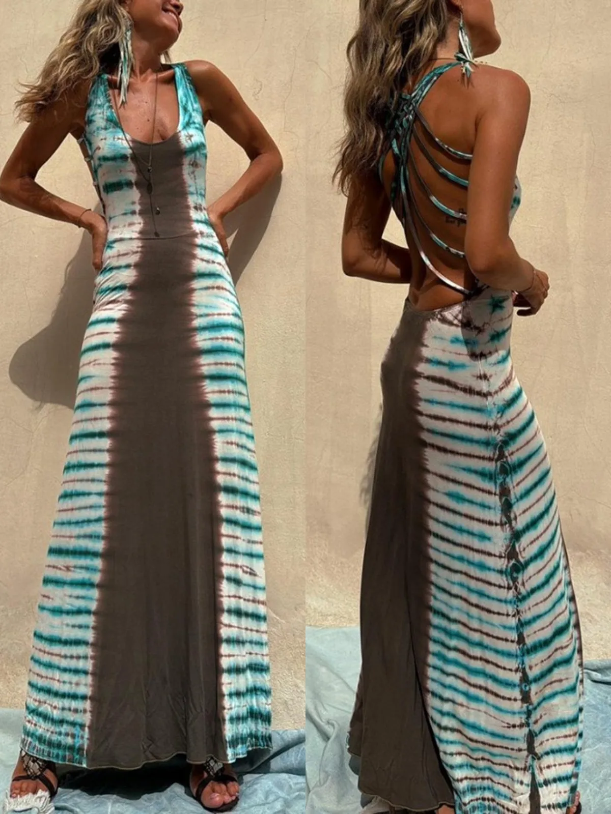 

SKMY New Women Dress 2025 Autumn Y2k Clothes Fashion Printed Backless Strap Sexy Party Clubwear Sleeveless Long Dresses
