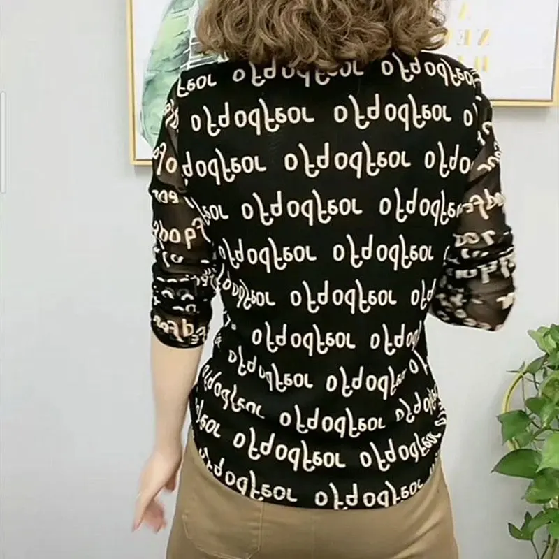 Office Lady V-Neck Alphabetic Stylish Printed T-shirt Chic Button Gauze Spring Autumn New Women's Clothing Long Sleeve Pullovers
