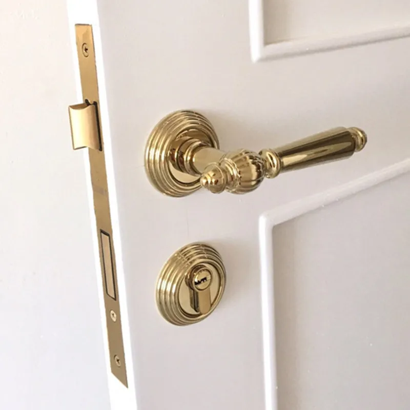 Golden Door Lock Indoor Nordic Bedroom Solid Wood PVD Room Door Lock Mute Magnetic Suction Handle Bright Golden Split Lock