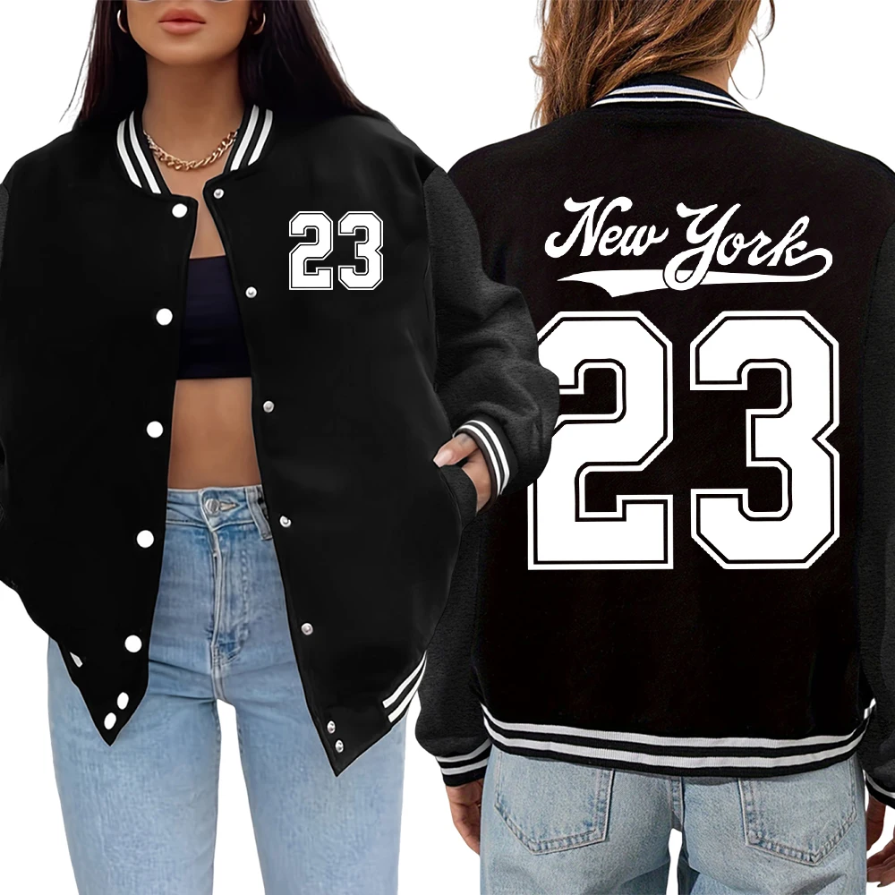 

New York Number 23 Art Letter Printed Women Streetwear Soft Loose Veste Fashion Oversize Jackets Autumn Casual Baseball Jersey