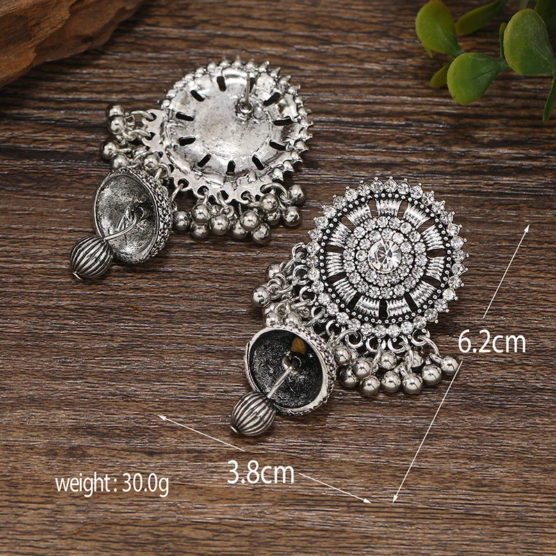 Vintage Big Crystal Bells Tassel Drop Earrings for Women Bohemian Exotic Oxidized Silver Color Metal Statement Earrings Indian