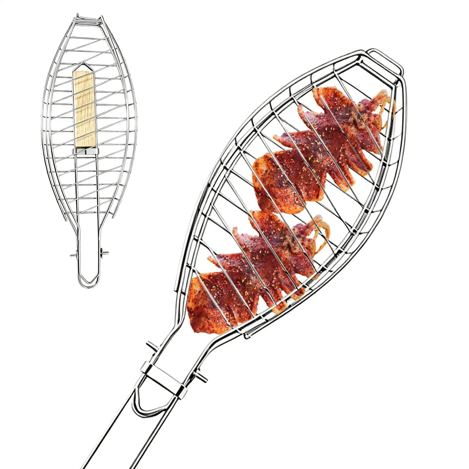 Fish Shaped Grilling Basket Foldable Locking Buckle Non-Slip BBQ Accessories Grill Fish Holder Food Baskets With Wooden Handle