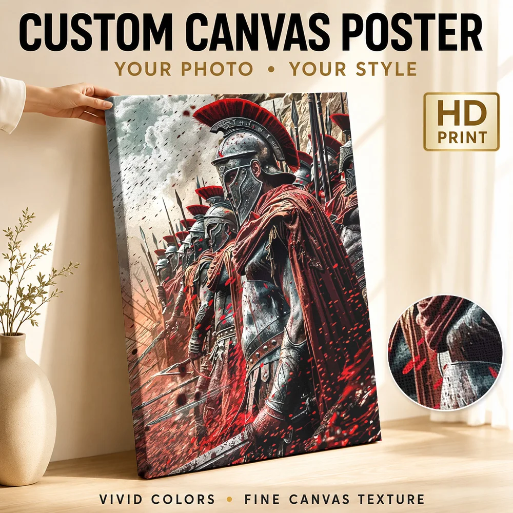 Spartan Warrior Red Cloak Wood Framed Canvas Print Personalized Photo, Expressive Figurative Brushwork Wall Art For Man Cave