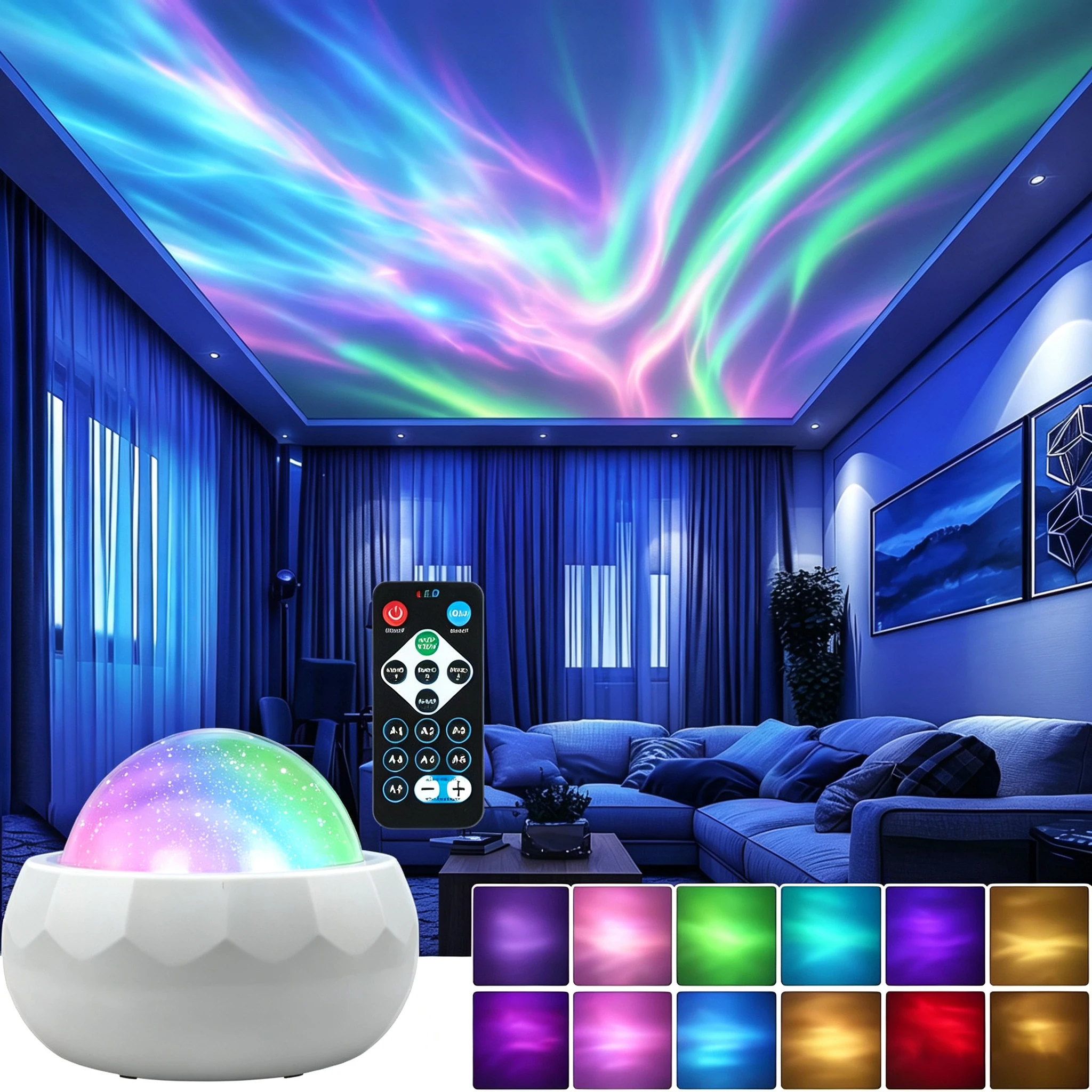 LED Aurora Projector Lamp with Remote Control 7 Light Modes USB Powered Galaxy Night Light Lamp 360 Rotating Home Bedroom Decor