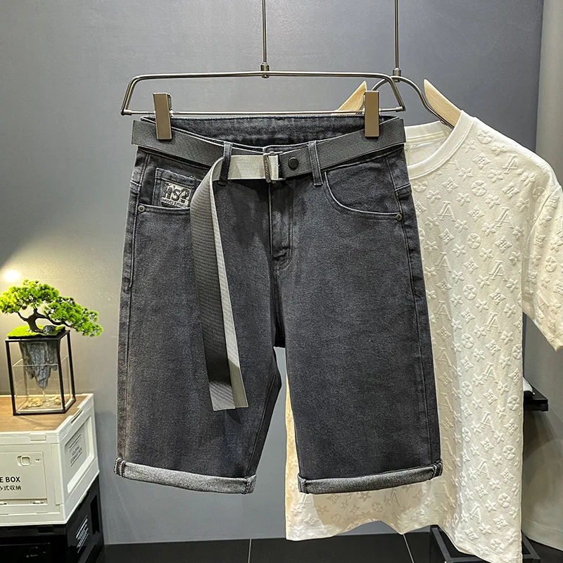 Short en jean brodé noir et gris pour hommes, pantalon court coupe couvertes, jambe droite décontractée, tout match, nouvelle marque de mode, été, 2021