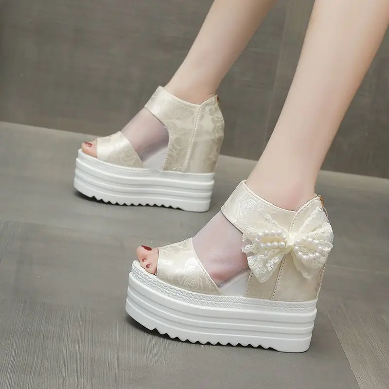 Women Elevator Sandals Peep Toe High Platform Wedge Summer 2026 New Mesh Slingback Height Increasing Shoes